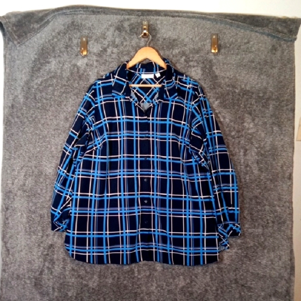 Susan Graver Womens Liquid Blue Knit Button Up Top Blue Plaid Office Mature 2X